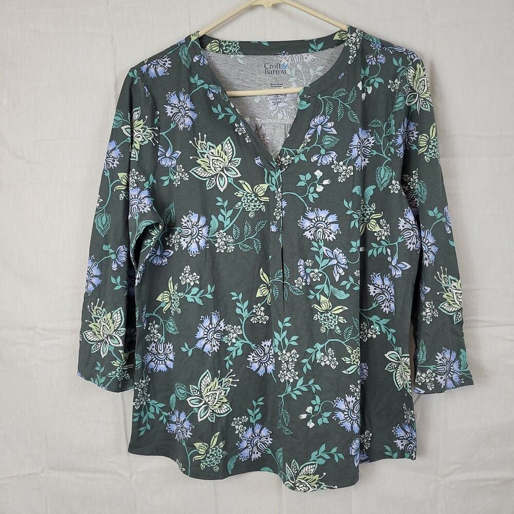 Croft & Barrow‎ Womens Gray Floral Split Neck 3/4 Sleeve Tunic Top Size Small